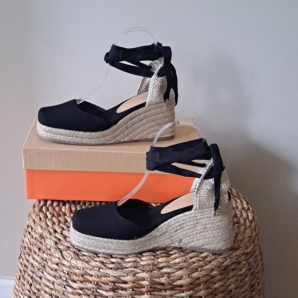 NWOT Castaner Womens Tina‎ 3.25" Wedge Black Canvas Espadrille Sandals EU38/US8 - Picture 2 of 9